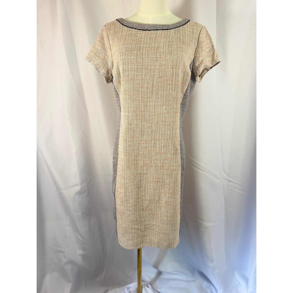 Ann Taylor Peach Blue Tweed Sheath Dress Boat Neck Cotton Blend Size 10 Preppy